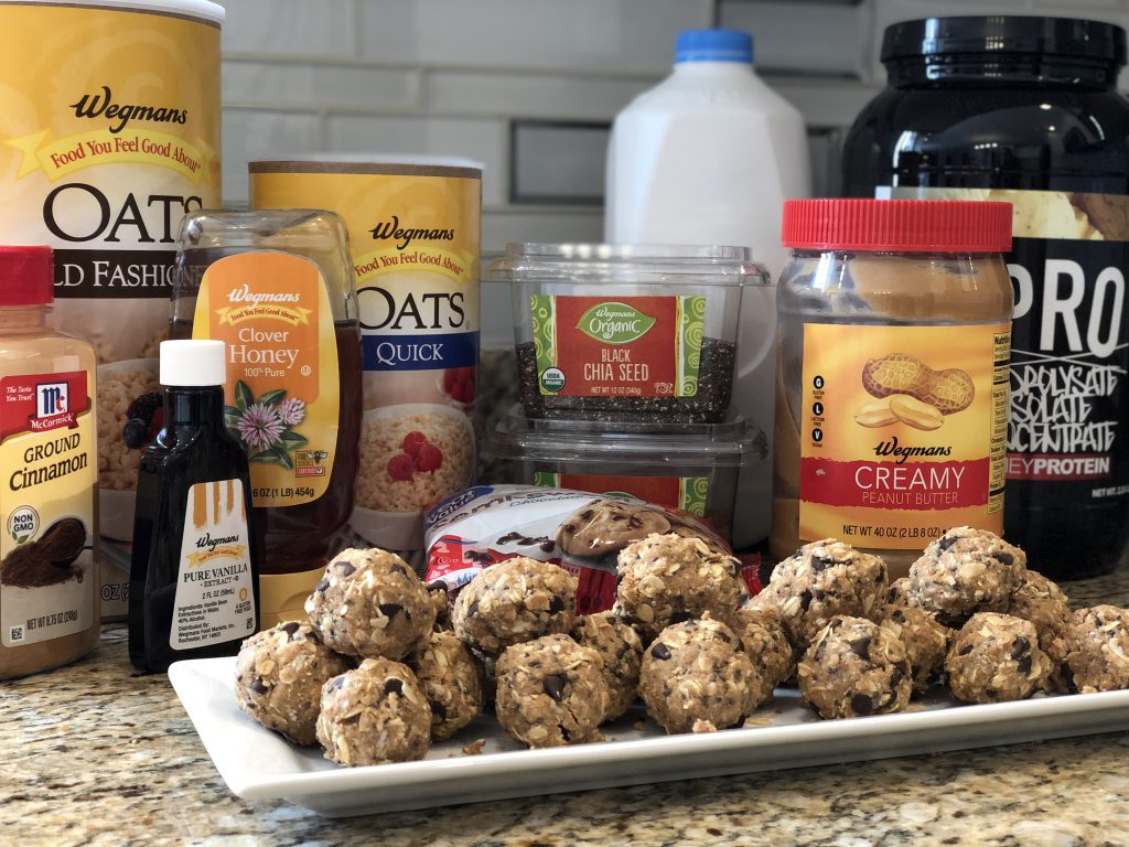 Chocolate Chip Peanut Butter Protein Balls. A Great Pre and Post Workout Snack!