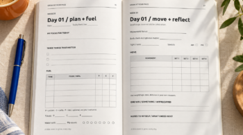 Open Grow at Your Pace planner showing daily planning, meal tracking, movement, and reflection pages on an ivory linen desk.